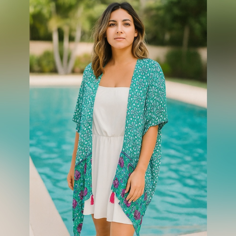 Moss Rose Floral Kimono Shawl in Coral Green and Pink- Size OS